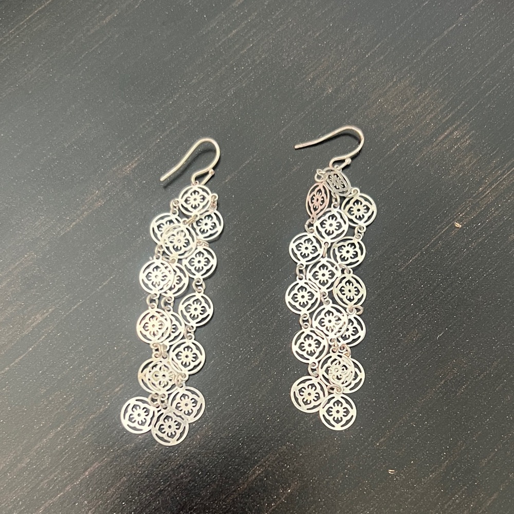 Silver-Tone Floral Filigree Dangle Earrings - Elegant Silver Drop Earrings